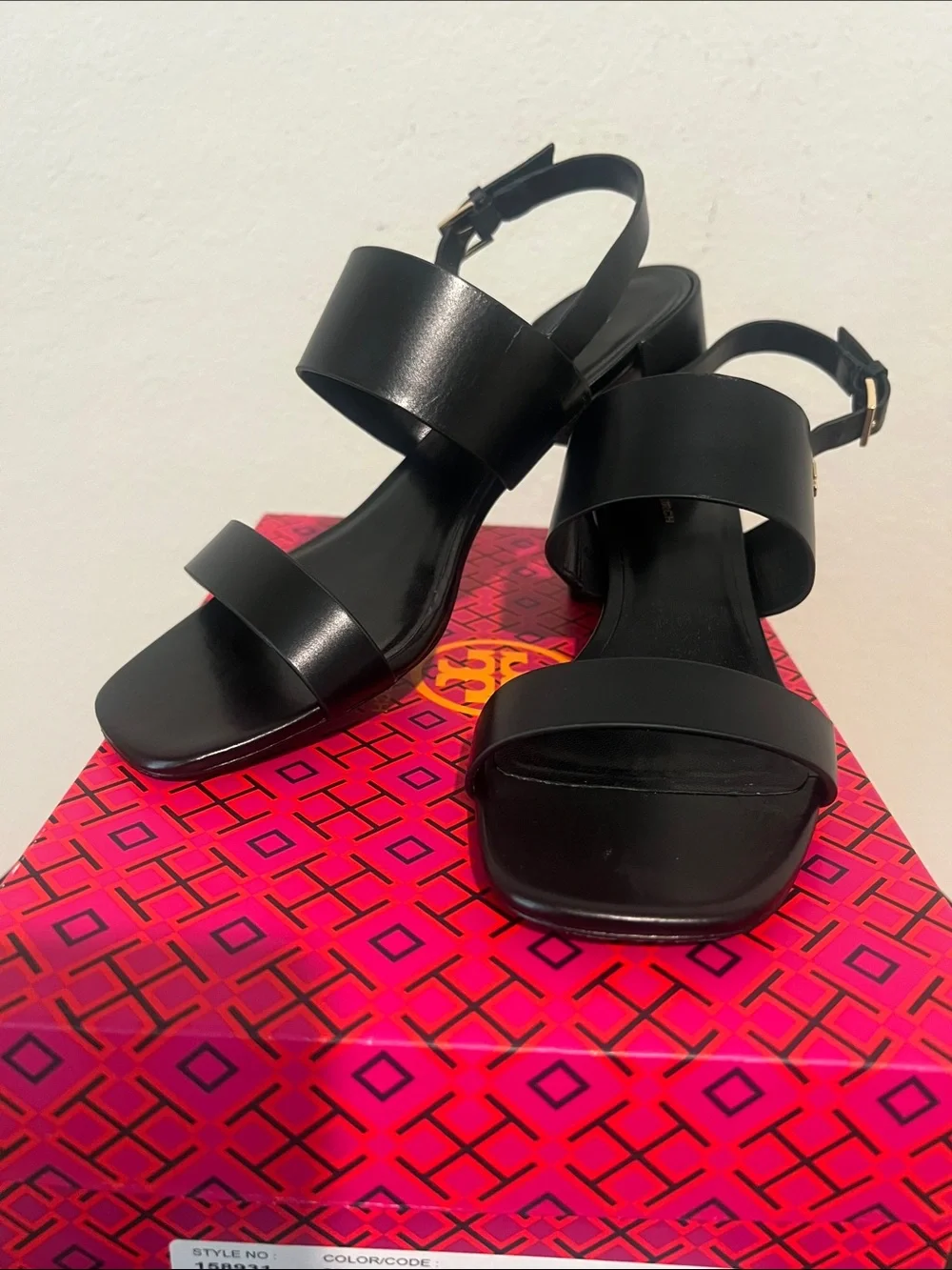 Tory Burch Double T Heel Sandals Black Leather 50mm Block Heel Size 9